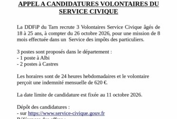 DDFIP DU TARN : Appel à candidatures volontaires du Service Civique